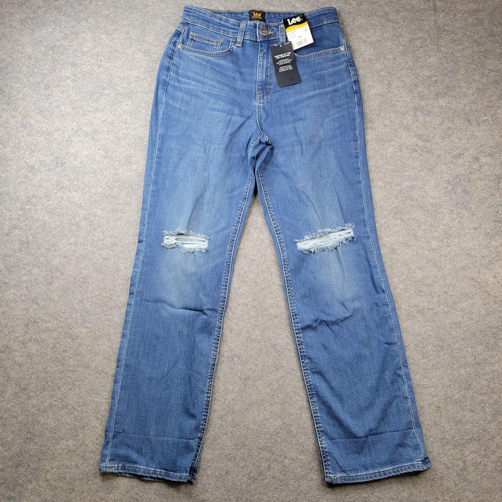 Lee Jeans Womens 8M Blue Medium‎ Wash High Rise Boyfriend Distressed Denim